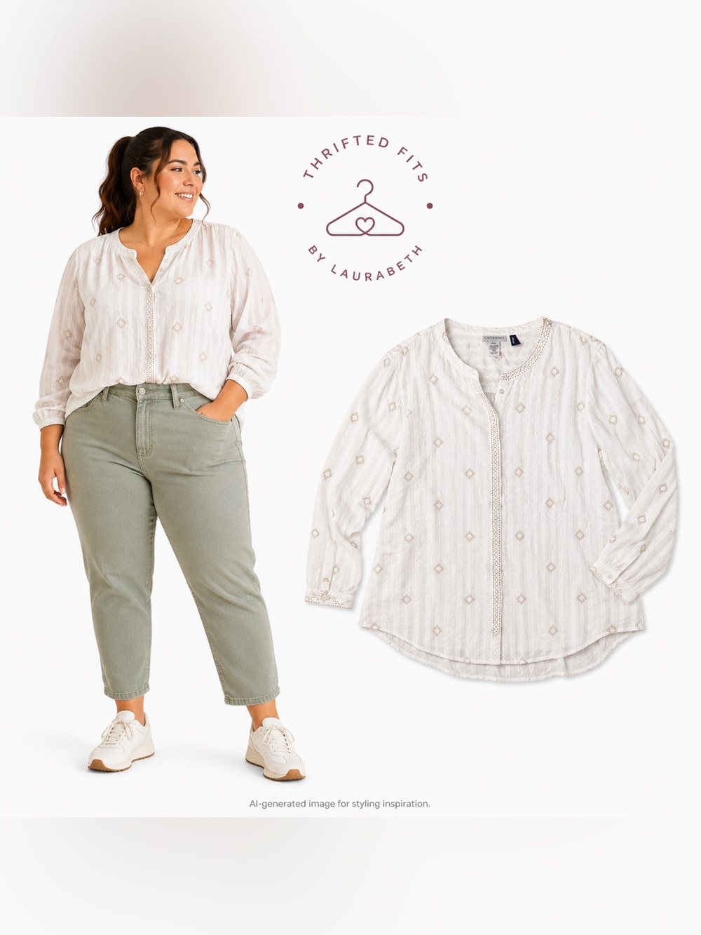Catherines Cream Embroidered Button-Front Peasant Blouse